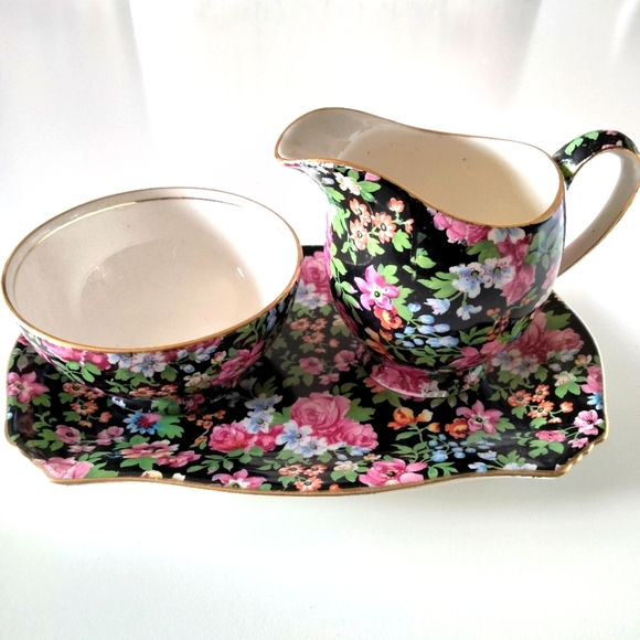 Royal Winton Chelsea Chintz Black Floral Sugar Bowl Creamer and Tray Vintage